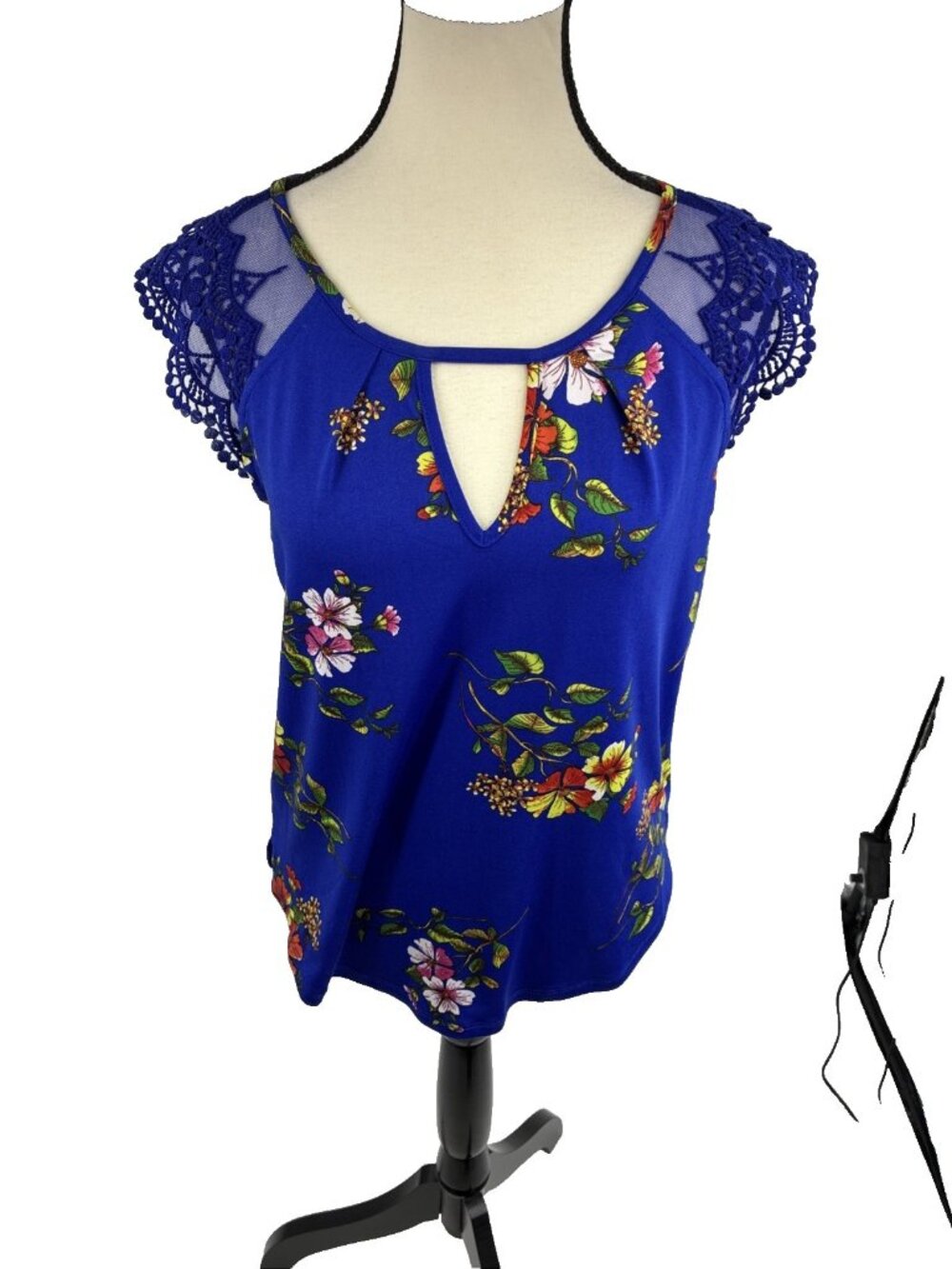 Moa Moa Womens Blouse Top Floral Lace Sleeve Keyhole Casual Blue Size S